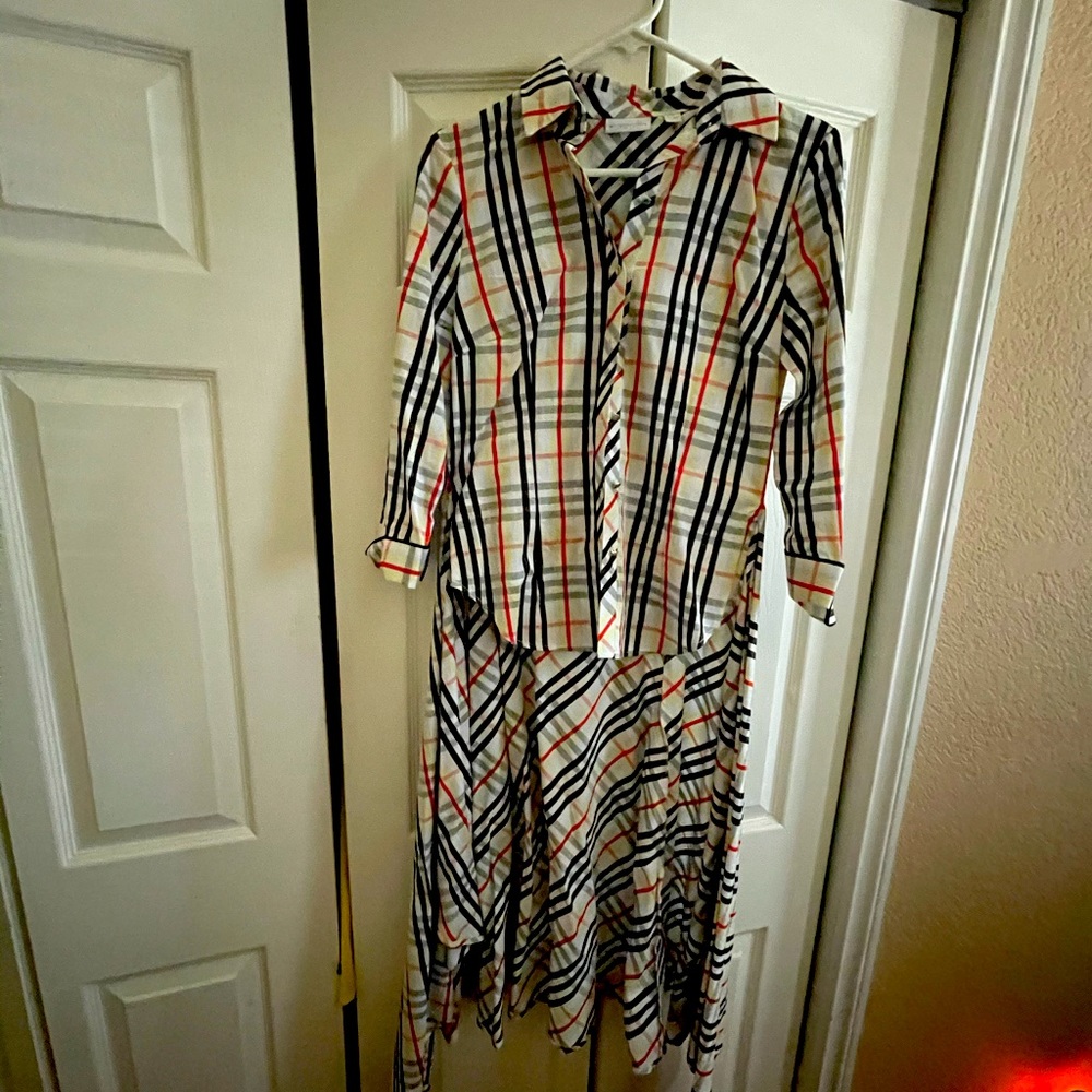 NYC Plaid high low blouse White Black and red